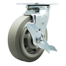 Service Caster #30 Series stainless steel swivel casters with 6 inch non-marking thermoplastic rubber tread (flat face) on polyolefin core wheel and brake provide a washable caster solution.