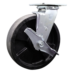 Service Caster Series #30 stainless steel swivel caster with 8 inch durable glass filled nylon wheels and brake.