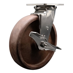 Service Caster #30 Series stainless steel high temperature swivel casters with 8 inch glass filled nylon wheel and brake provide a washable caster solution.