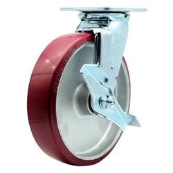 Service Caster #30 Series stainless steel swivel casters with 8 inch non-marking polyurethane tread on aluminum core wheel and brake provide a washable caster solution.