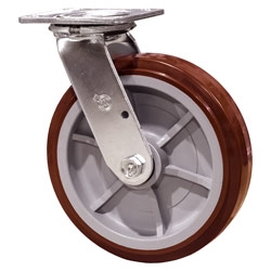 8 Inch Stainless Steel Swivel Caster - Polyurethane Tread on Poly Core Wheel