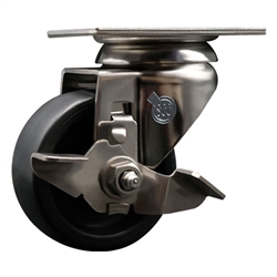 Service Caster #20 Series Grade 316 stainless steel swivel casters with 3 inch polyolefin wheel and brake provide a washable caster solution.