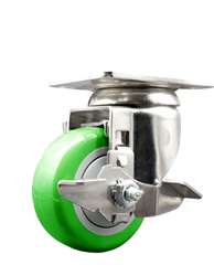 Service Caster #20 Series stainless steel swivel caster with brake and 3-1/2 inch polyurethane wheel. Grade 316 stainless steel casters are ideal for applications exposed to chlorides and other corrosive and rust causing environments.