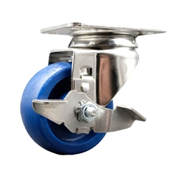 3-1/2 inch grade 316 stainless steel swivel caster with a solid blue polyurethane wheel and brake