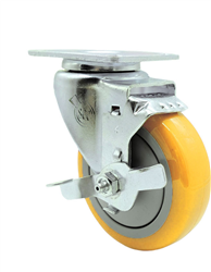 Service Caster #20 Series stainless steel swivel caster with brake and 4 inch polyurethane wheel. Grade 316 stainless steel casters are ideal for applications exposed to chlorides and other corrosive and rust causing environments.