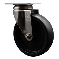 Service Caster #20 Series Grade 316 stainless steel swivel casters with 5 inch polyolefin wheel provide a washable caster solution.