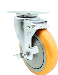 Service Caster #20 Series stainless steel swivel caster with brake and 5 inch polyurethane wheel. Grade 316 stainless steel casters are ideal for applications exposed to chlorides and other corrosive and rust causing environments.