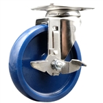 5 inch grade 316 stainless steel swivel caster with a solid blue polyurethane wheel and brake