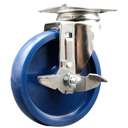 5 inch grade 316 stainless steel swivel caster with a solid blue polyurethane wheel and brake