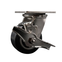 Service Caster #30 Series Grade 316 stainless steel swivel casters with 4 inch moldon rubber tread on aluminum core wheel and brake provide a washable caster solution