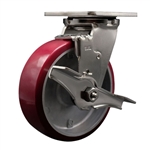Service Caster #30 Series Grade 316 stainless steel swivel casters with 6 inch non-marking polyurethane tread on aluminum core wheel and brake provide a washable caster solution
