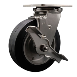 Service Caster #30 Series Grade 316 stainless steel swivel casters with 6 inch moldon rubber tread on aluminum core wheel and brake provide a washable caster solution