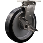 Service Caster #30 Series Grade 316 stainless steel swivel casters with 8 inch moldon rubber tread on aluminum core wheel and brake provide a washable caster solution