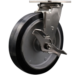 Service Caster #30 Series Grade 316 stainless steel swivel casters with 8 inch moldon rubber tread on aluminum core wheel and brake provide a washable caster solution
