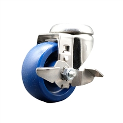 3 inch grade 316 stainless steel bolt hole swivel caster with a solid blue polyurethane wheel and brake