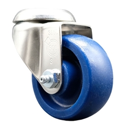 Service Caster #20 Series Grade 316 stainless steel bolt hole swivel casters with 3-1/2 inch solid blue polyurethane wheel provide a washable caster solution.