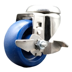 Service Caster #20 Series Grade 316 stainless steel bolt hole swivel casters with 3-1/2 inch solid blue polyurethane wheel and brake provide a washable caster solution.