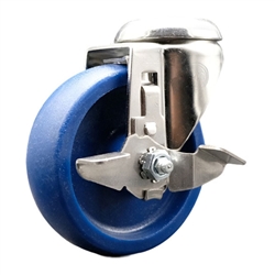 4 inch grade 316 stainless steel bolt hole swivel caster with a solid blue polyurethane wheel and brake