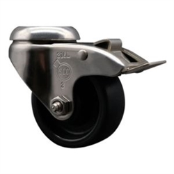Service Caster #20 Series Grade 316 stainless steel bolt hole swivel casters with 3 inch polyolefin wheel and total lock provide a washable caster solution.