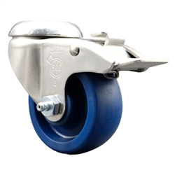 Service Caster #20 Series Grade 316 stainless steel bolt hole swivel casters with 3-1/2 inch solid blue polyurethane wheel and total lock provide a washable caster solution.