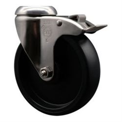 Service Caster #20 Series Grade 316 stainless steel bolt hole swivel casters with 5 inch polyolefin wheel and total lock provide a washable caster solution.