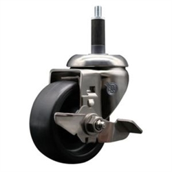 Service Caster #20 Series 1 inch expanding adapter stem Grade 316 stainless steel swivel casters with a 3 inch polyolefin wheel and brake provide a washable caster solution.