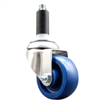 Service Caster #20 Series 1 inch expanding adapter stem Grade 316 stainless steel swivel casters with a 3 inch solid blue polyurethane wheel provide a washable caster solution.