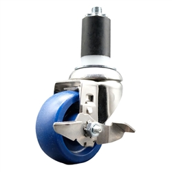 Service Caster #20 Series 1-1/2 inch expanding adapter stem Grade 316 stainless steel swivel casters with a 3 inch solid blue polyurethane wheel and brake provide a washable caster solution.