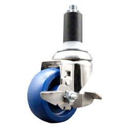 Service Caster #20 Series 1-1/4 inch expanding adapter stem Grade 316 stainless steel swivel casters with a 3 inch solid blue polyurethane wheel and brake provide a washable caster solution.