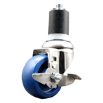 Service Caster #20 Series 1-3/4 inch expanding adapter stem Grade 316 stainless steel swivel casters with a 3 inch solid blue polyurethane wheel and brake provide a washable caster solution.