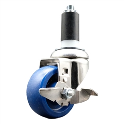 Service Caster #20 Series 1-3/8 inch expanding adapter stem Grade 316 stainless steel swivel casters with a 3 inch solid blue polyurethane wheel and brake provide a washable caster solution.