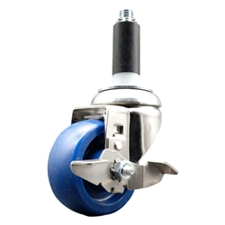 Service Caster #20 Series 1 inch expanding adapter stem Grade 316 stainless steel swivel casters with a 3-1/2 inch solid blue polyurethane wheel and brake provide a washable caster solution.