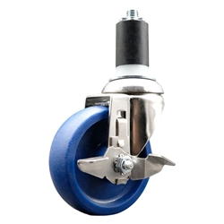 Service Caster #20 Series 1-1/2 inch expanding adapter stem Grade 316 stainless steel swivel casters with a 4 inch solid blue polyurethane wheel and brake provide a washable caster solution.