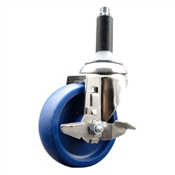 Service Caster #20 Series 3/4 inch expanding adapter stem Grade 316 stainless steel swivel casters with a 4 inch solid blue polyurethane wheel and brake provide a washable caster solution.