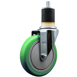 Service Caster 1-7/8 inch expanding stem 316 stainless steel swivel caster with a 5 inch green polyurethane wheel. Featuring stainless steel components, these casters are ideal for any equipment with round or square tube legs.