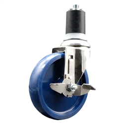 Service Caster #20 Series 1-3/4 inch expanding adapter stem Grade 316 stainless steel swivel casters with a 5 inch solid blue polyurethane wheel and brake provide a washable caster solution.