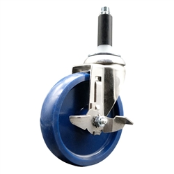 Service Caster #20 Series 7/8 inch expanding adapter stem Grade 316 stainless steel swivel casters with a 5 inch solid blue polyurethane wheel and brake provide a washable caster solution.
