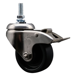 Service Caster #20 Series 10mm threaded stem Grade 316 stainless steel swivel casters with 3 inch polyolefin wheel and total lock provide a washable caster solution.
