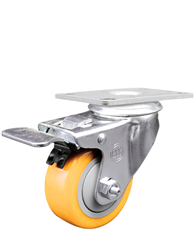 Service Caster #20 Series stainless steel swivel casters with 3-1/2 inch polyurethane wheel featuring a Total Lock Brake. Grade 316 stainless steel casters are ideal for applications exposed to chlorides and other corrosive and rust causing environments.