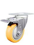 Service Caster #20 Series stainless steel swivel casters with 4 inch polyurethane wheel featuring a Total Lock Brake. Grade 316 stainless steel casters are ideal for applications exposed to chlorides and other corrosive and rust causing environments.