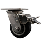 Service Caster #30 Series Grade 316 stainless steel swivel casters with 4 inch moldon rubber tread on aluminum core wheel and total lock provide a washable caster solution