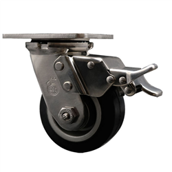 Service Caster #30 Series Grade 316 stainless steel swivel casters with 4 inch moldon rubber tread on aluminum core wheel and total lock provide a washable caster solution