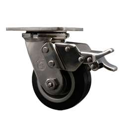 Service Caster #30 Series Grade 316 stainless steel swivel casters with 4 inch moldon rubber tread on aluminum core wheel and total lock provide a washable caster solution