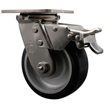 Service Caster #30 Series Grade 316 stainless steel swivel casters with 5 inch moldon rubber tread on aluminum core wheel and total lock provide a washable caster solution