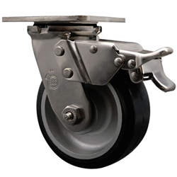 Service Caster #30 Series Grade 316 stainless steel swivel casters with 5 inch moldon rubber tread on aluminum core wheel and total lock provide a washable caster solution