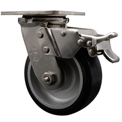 Service Caster #30 Series Grade 316 stainless steel swivel casters with 5 inch moldon rubber tread on aluminum core wheel and total lock provide a washable caster solution
