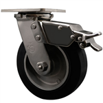 Service Caster #30 Series Grade 316 stainless steel swivel casters with 6 inch moldon rubber tread on aluminum core wheel and total lock provide a washable caster solution