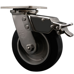 Service Caster #30 Series Grade 316 stainless steel swivel casters with 6 inch moldon rubber tread on aluminum core wheel and total lock provide a washable caster solution