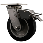 Service Caster #30 Series Grade 316 stainless steel swivel casters with 6 inch moldon rubber tread on aluminum core wheel and total lock provide a washable caster solution