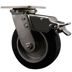 Service Caster #30 Series Grade 316 stainless steel swivel casters with 6 inch moldon rubber tread on aluminum core wheel and total lock provide a washable caster solution